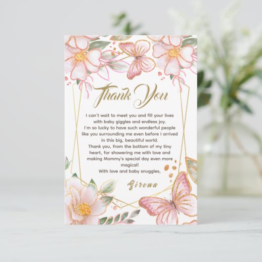 Vlinder & Bloemen Roze Heerlijk Dank u kaart (Staand voorkant)
