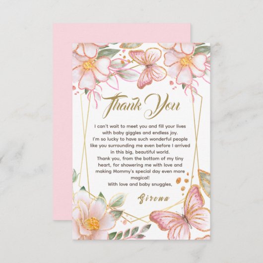 Vlinder & Bloemen Roze Heerlijk Dank u kaart (Voorkant / Achterkant)