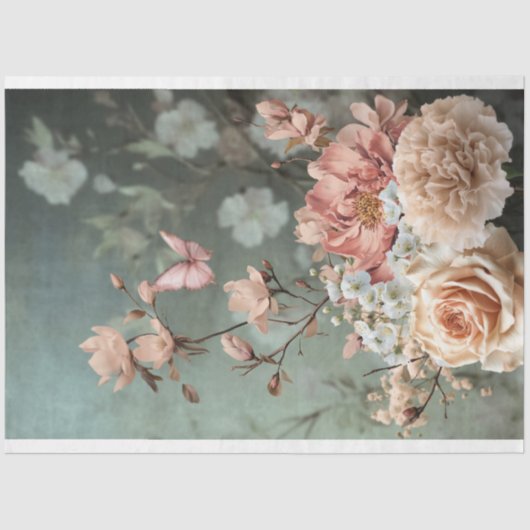 Vlinder & Bloemenboeket, roze, groen & beige Tissuepapier (Voorkant)