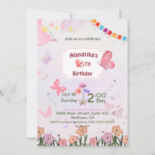 Vlinder bloemenroze & wit schattig 6e verjaardag kaart (Voorkant)