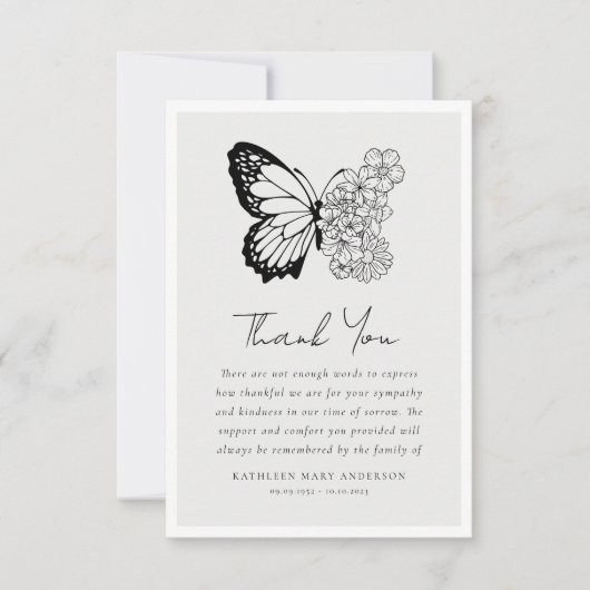 Vlinder bloemensympathie begrafenis bedankkaart (Voorkant)