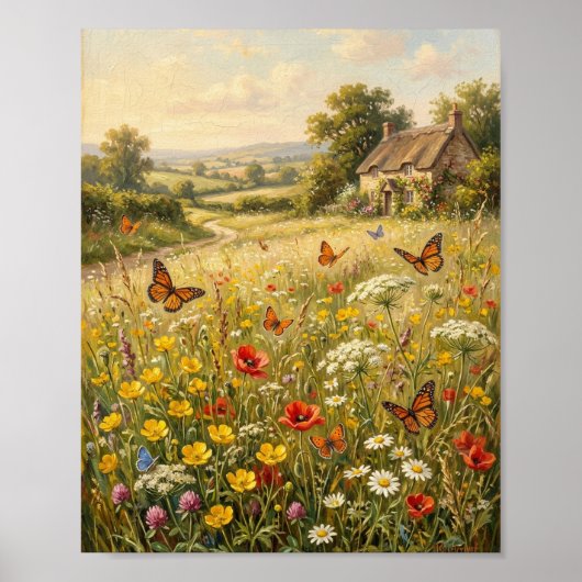 Vlinder Bloemenweide Cottage I Poster (Voorkant)