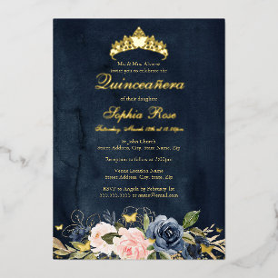 Vlinder Bloemig Marine Roze Quinceanera Folie Uitnodiging