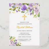 vlinder bloemig Paarse gouden meisje doop Folie Uitnodiging (Voorkant)