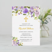 vlinder bloemig Paarse gouden meisje doop Folie Uitnodiging (Staand Voorkant)