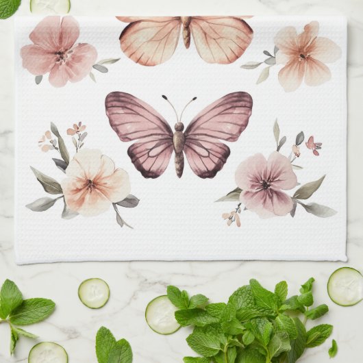 Vlinder Bloemige Aquarel Elegant AANGEPASTE NAAM Theedoek (Gevouwen)