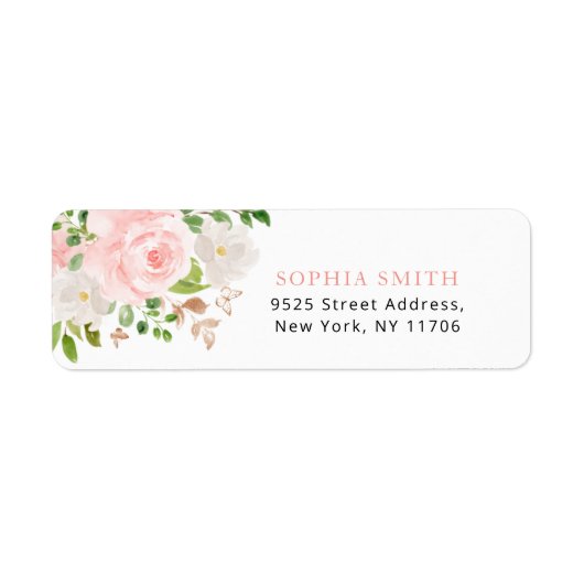 Vlinder Bloemige blozende roze rozen retouradres Etiket (Voorkant)