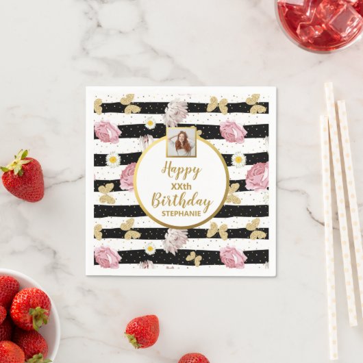 Vlinder Bloemige Foto Verjaardag Op Maat Servet (Insitu)