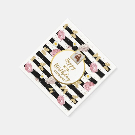 Vlinder Bloemige Foto Verjaardag Op Maat Servet (Hoek)