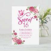 Vlinder Bloemige Sweet 16 Uitnodiging (Staand voorkant)