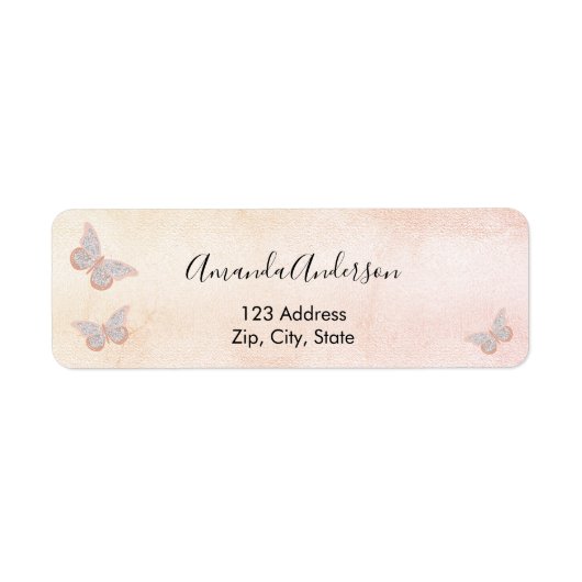 Vlinder bloost roze roos retouradreslabel etiket (Voorkant)