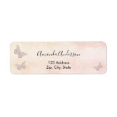 Vlinder blozend roze roos retouradreslabel etiket (Voorkant)