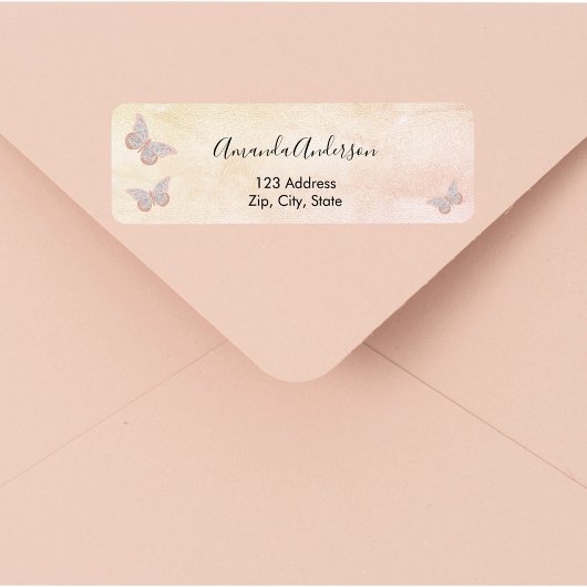 Vlinder blozend roze roos retouradreslabel etiket