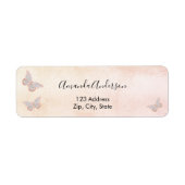 Vlinder blozend roze rozet retouradreslabel etiket (Voorkant)