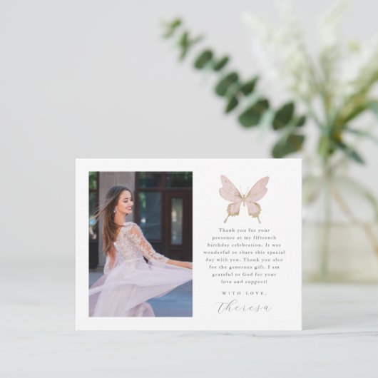  vlinder blush foto quinceanera dank u briefkaart (Staand voorkant)