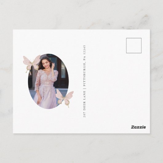  vlinder blush foto quinceanera dank u briefkaart (Achterkant)