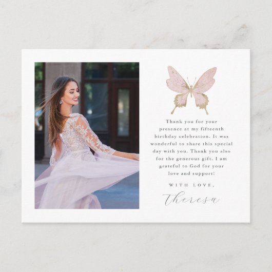  vlinder blush foto quinceanera dank u briefkaart (Voorkant)