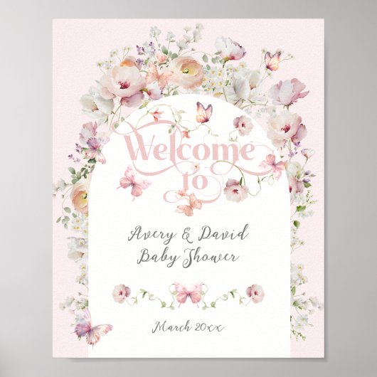 Vlinder Blush Roze Bloemen Meisje Baby shower Welc Poster (Voorkant)