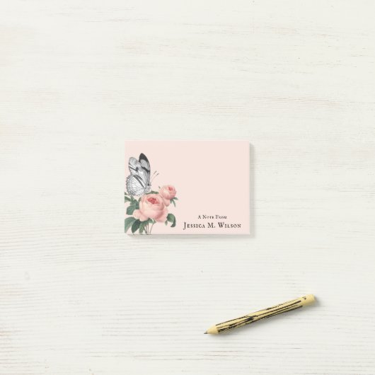 vlinder blush roze rozen aangepaste naam post-it® notes (Op bureau)