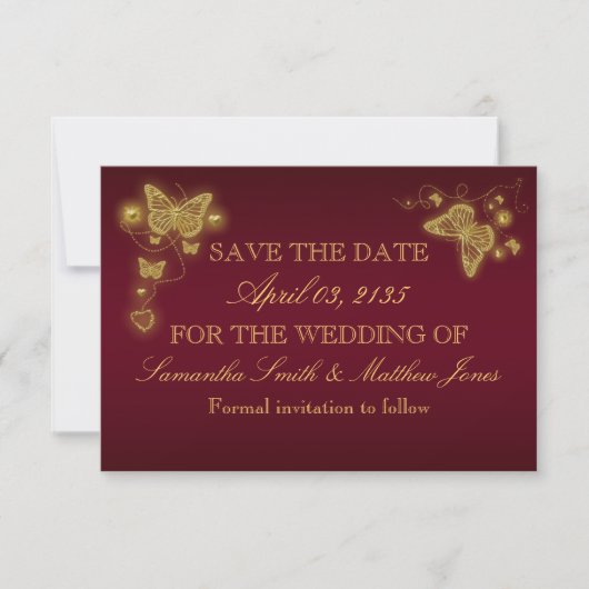 Vlinder bordeauxrood gouden huwelijksreactie save the date (Voorkant)
