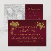 Vlinder bordeauxrood gouden huwelijksreactie save the date (Voorkant / Achterkant)