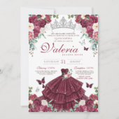 Vlinder Bourgogne Rood Zilver Bloemen Quinceañera Kaart (Voorkant)