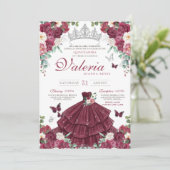 Vlinder Bourgogne Rood Zilver Bloemen Quinceañera Kaart (Staand voorkant)