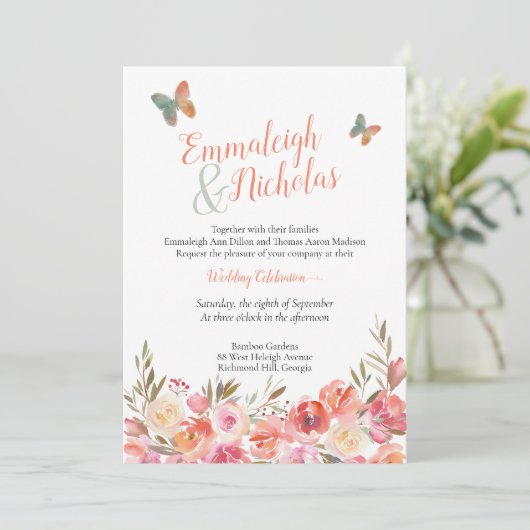 Vlinder bruiloft koraal Boho Floral Kaart (Staand voorkant)