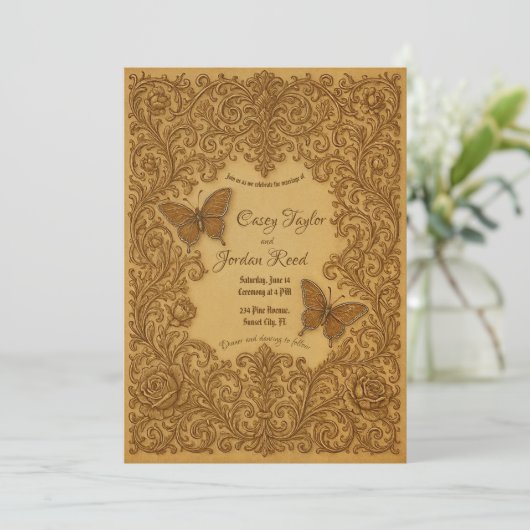  vlinder bruiloft uitnodiging op oud papier (Staand voorkant)