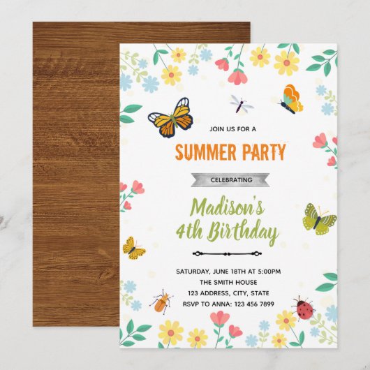 Vlinder bugs tuin zomer uitnodiging (Voorkant / Achterkant)