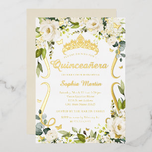 Vlinder Champagne Floral Gold Quinceanera Folie Uitnodiging