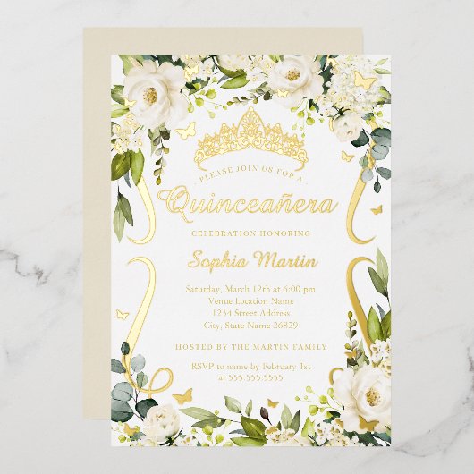 Vlinder Champagne Floral Gold Quinceanera Folie Uitnodiging (Voorkant / Achterkant)