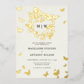Vlinder Crest Ivoor Goud Monogrammen Bruiloft Folie Uitnodiging (Voorkant)