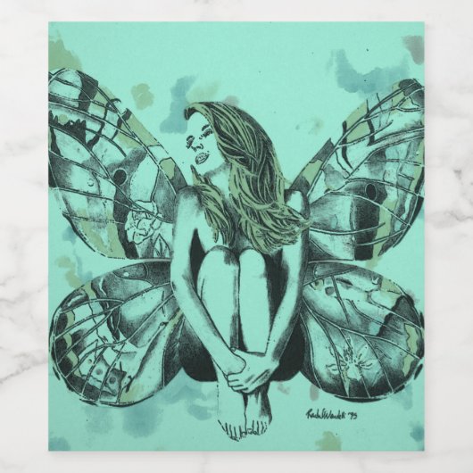 Vlinder dame, dame vlinder, fantasie fee kunst wijn etiket (Enkel label)