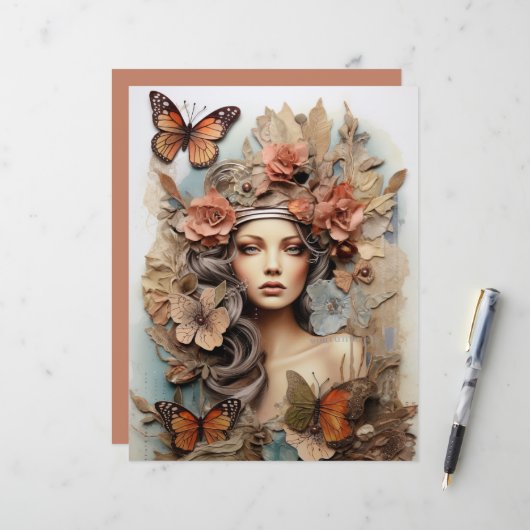 Vlinder Dame met bloemen Art Page (Voorkant / Achterkant in situ)