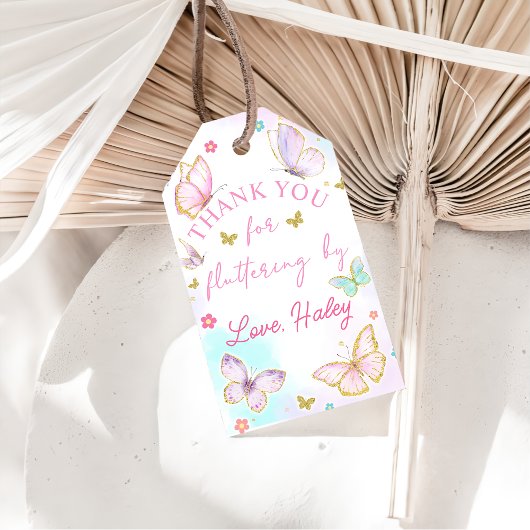 vlinder dank je fladderen door meisje verjaardag cadeaulabel