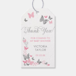 Vlinder dank je Label, roze, zilver Cadeaulabel