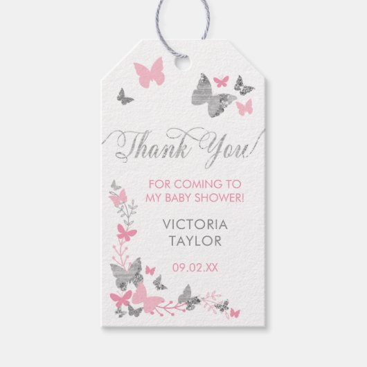 Vlinder dank je Label, roze, zilver Cadeaulabel (Voorkant)