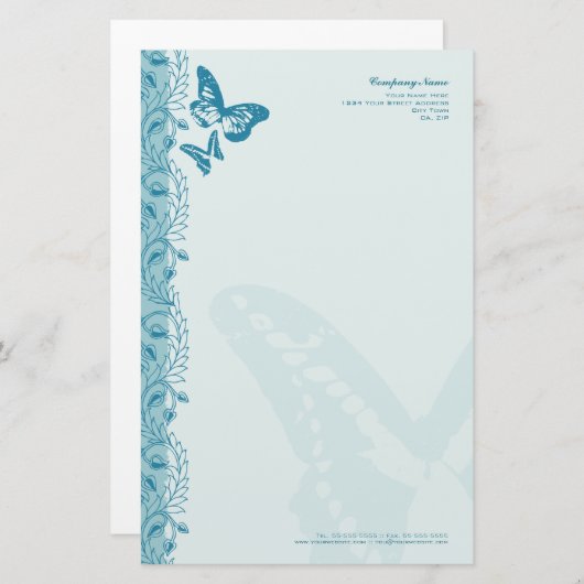 Vlinder & Decoratieve Rand in Blauw Briefpapier (Voorkant / Achterkant)