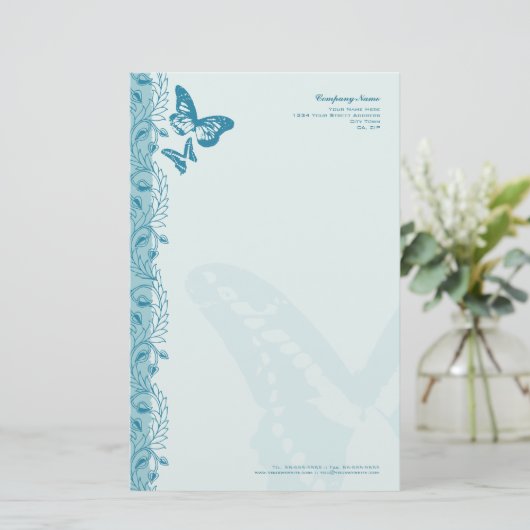 Vlinder & Decoratieve  Rand in Blauw Briefpapier (Staand voorkant)