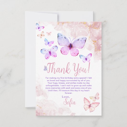 Vlinder Eerste Verjaardag Meisje 1e Dank u kaart (Voorkant)