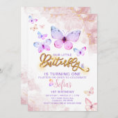 Vlinder eerste verjaardag meisje 1e uitnodiging (Voorkant / Achterkant)