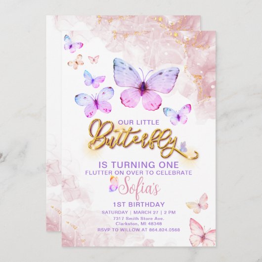 Vlinder eerste verjaardag meisje 1e uitnodiging (Voorkant / Achterkant)