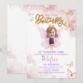 Vlinder eerste verjaardag meisje 1e uitnodiging (Voorkant / Achterkant)
