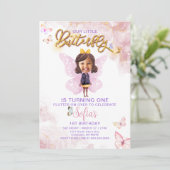 Vlinder eerste verjaardag meisje 1e uitnodiging (Staand voorkant)