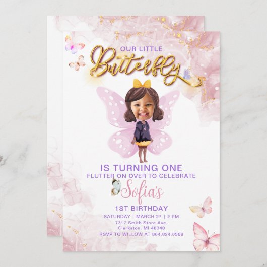 Vlinder eerste verjaardag meisje 1e uitnodiging (Voorkant / Achterkant)