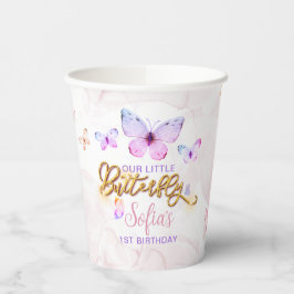 Vlinder Eerste Verjaardags Meisje 1e Roze Paarse Papieren Bekers