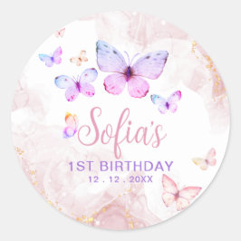 Vlinder Eerste Verjaardags Meisje 1e Roze Paarse Ronde Sticker