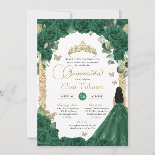 Vlinder Emerald Groen Goud Prinses Quinceanera Kaart (Voorkant)