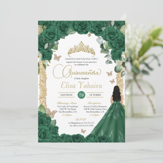 Vlinder Emerald Groen Goud Prinses Quinceanera Kaart (Staand voorkant)